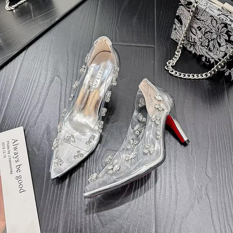 New Elegant High Luxury Rhinestone Transparent Pointed Toe High Heels CODE: KAR3482