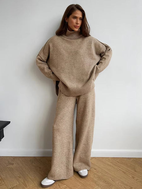 Autumn Winter Casual Turtleneck Sweater and Wide Leg Pants 2 Piece Set CODE: KAR3483