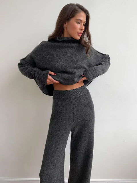 Autumn Winter Casual Turtleneck Sweater and Wide Leg Pants 2 Piece Set CODE: KAR3483