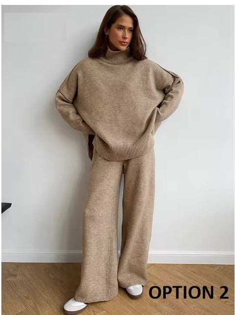 Autumn Winter Casual Turtleneck Sweater and Wide Leg Pants 2 Piece Set CODE: KAR3483