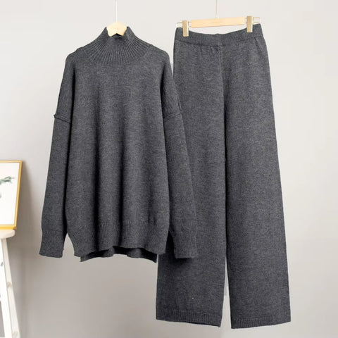 Autumn Winter Casual Turtleneck Sweater and Wide Leg Pants 2 Piece Set CODE: KAR3483