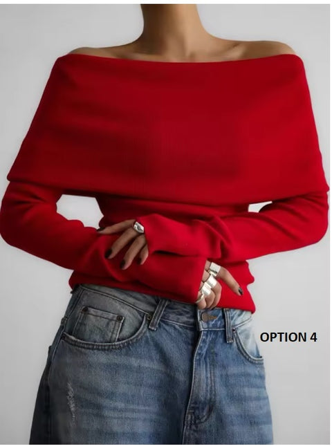 New Off Shoulder Elegant Jumper Long Sleeve Pullovers Warm Top CODE: KAR3486