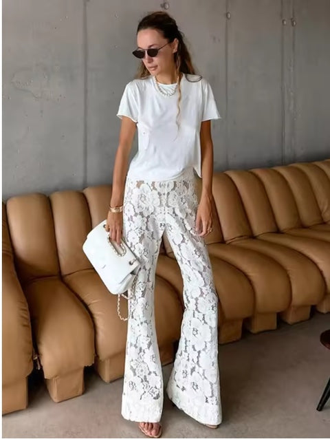 New Summer Wolfeel Sexy Perspective Flare High Waist Lace Long Pant CODE: KAR3488