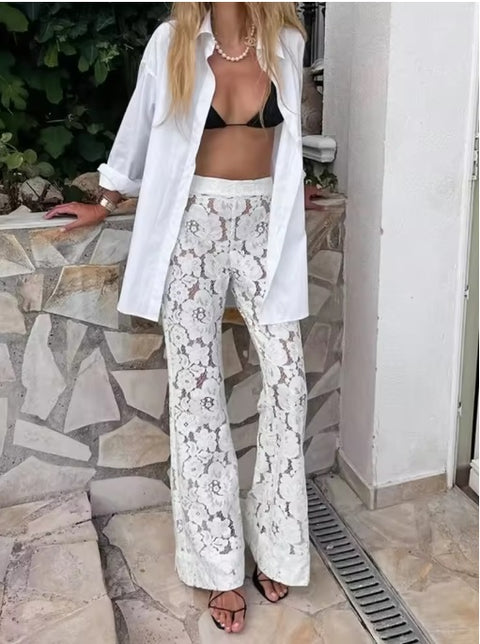 New Summer Wolfeel Sexy Perspective Flare High Waist Lace Long Pant CODE: KAR3488