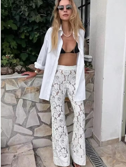 New Summer Wolfeel Sexy Perspective Flare High Waist Lace Long Pant CODE: KAR3488