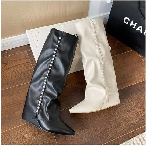 New Beaded Cool Wedges Side Zipper Pointed Toe Pant Boot CODE: KAR3490