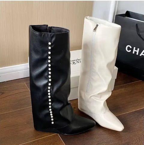 New Beaded Cool Wedges Side Zipper Pointed Toe Pant Boot CODE: KAR3490