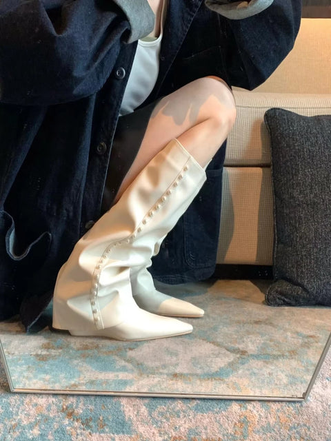 New Beaded Cool Wedges Side Zipper Pointed Toe Pant Boot CODE: KAR3490