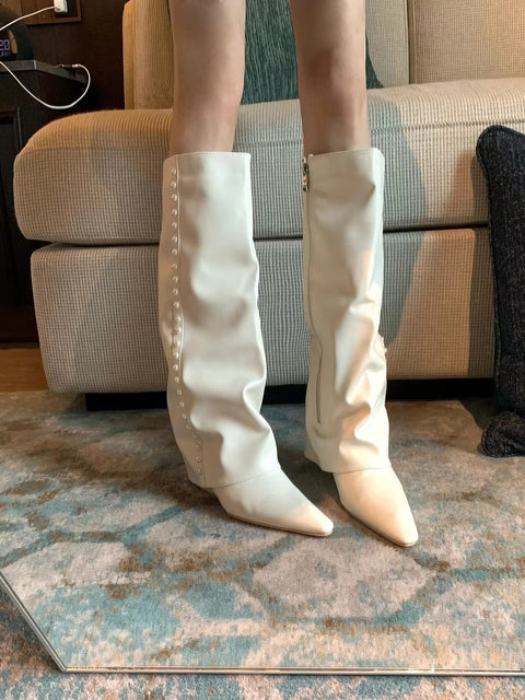 New Beaded Cool Wedges Side Zipper Pointed Toe Pant Boot CODE: KAR3490