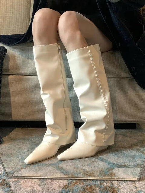New Beaded Cool Wedges Side Zipper Pointed Toe Pant Boot CODE: KAR3490