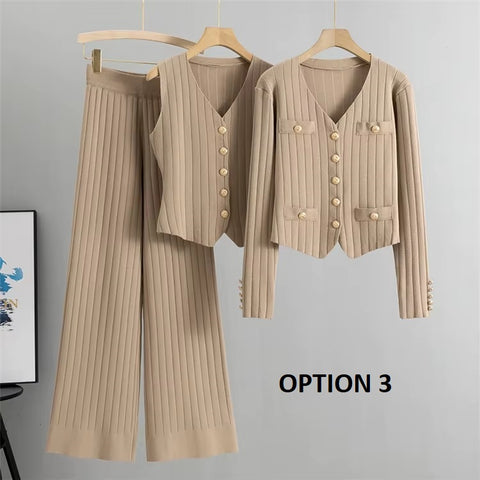 New Autumn Winter Cardigan Sweater V Neck Vest Wide Leg Long Pant 3 Pieces Set CODE: KAR3491