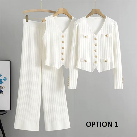 New Autumn Winter Cardigan Sweater V Neck Vest Wide Leg Long Pant 3 Pieces Set CODE: KAR3491