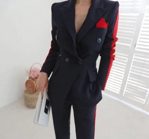 New Elegant  Double Breasted Slim Outwear Blazer Long Pant 2 Piece Set CODE: KAR3492