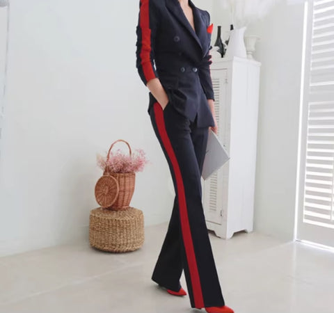 New Elegant  Double Breasted Slim Outwear Blazer Long Pant 2 Piece Set CODE: KAR3492
