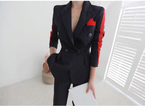 New Elegant  Double Breasted Slim Outwear Blazer Long Pant 2 Piece Set CODE: KAR3492