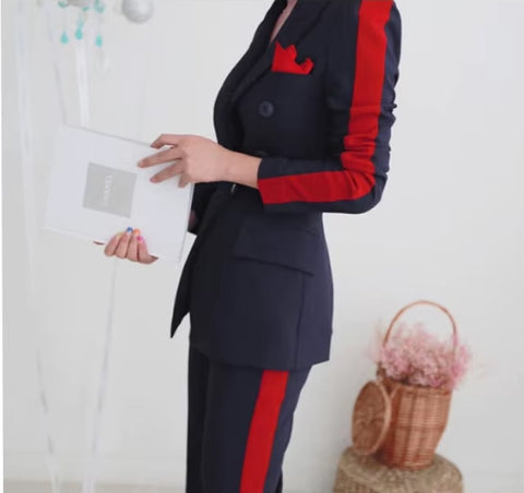 New Elegant  Double Breasted Slim Outwear Blazer Long Pant 2 Piece Set CODE: KAR3492