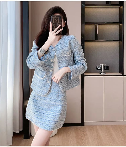 New Elegant Breasted Beading Tweed Jacket Coat High Waist Mini Skirt 2 Piece Set CODE: KAR3495