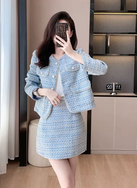 New Elegant Breasted Beading Tweed Jacket Coat High Waist Mini Skirt 2 Piece Set CODE: KAR3495