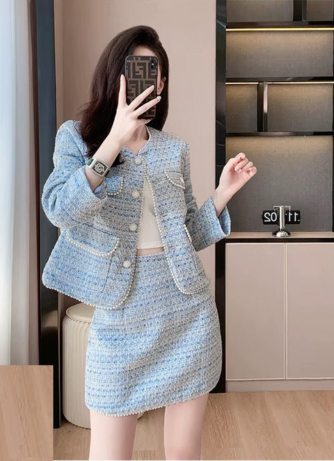 New Elegant Breasted Beading Tweed Jacket Coat High Waist Mini Skirt 2 Piece Set CODE: KAR3495