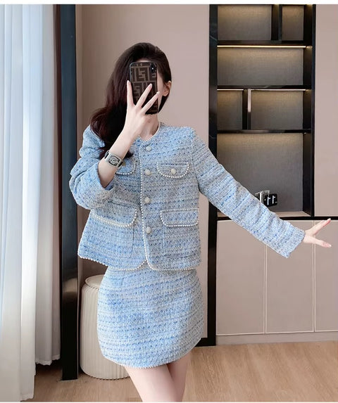 New Elegant Breasted Beading Tweed Jacket Coat High Waist Mini Skirt 2 Piece Set CODE: KAR3495