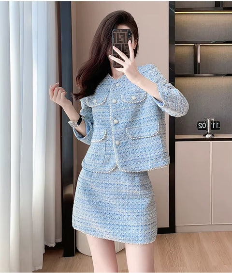 New Elegant Breasted Beading Tweed Jacket Coat High Waist Mini Skirt 2 Piece Set CODE: KAR3495
