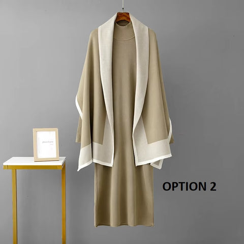 New Casual Warm O Neck Long Sleeve Loose Dress And Shawl Two-Piece Set CODE: KAR3497