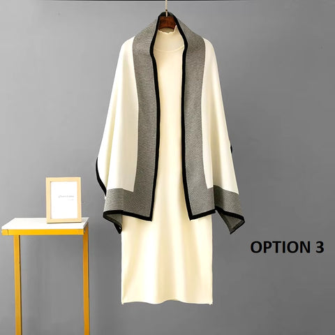 New Casual Warm O Neck Long Sleeve Loose Dress And Shawl Two-Piece Set CODE: KAR3497