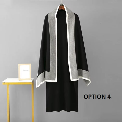 New Casual Warm O Neck Long Sleeve Loose Dress And Shawl Two-Piece Set CODE: KAR3497