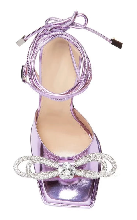 New Square Head Rhinestone Bowout Cross Tie Ankle Strap High-heeled Sandals CODE: KAR3499