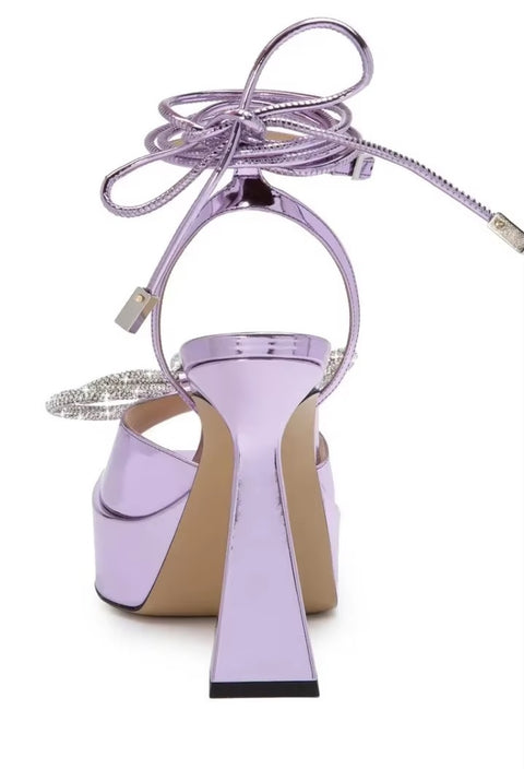 New Square Head Rhinestone Bowout Cross Tie Ankle Strap High-heeled Sandals CODE: KAR3499