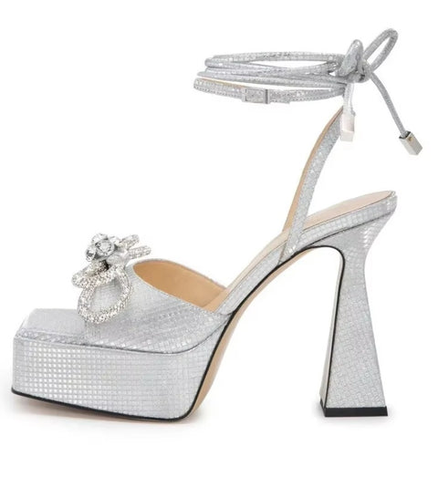 New Square Head Rhinestone Bowout Cross Tie Ankle Strap High-heeled Sandals CODE: KAR3499