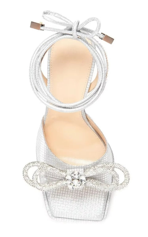 New Square Head Rhinestone Bowout Cross Tie Ankle Strap High-heeled Sandals CODE: KAR3499