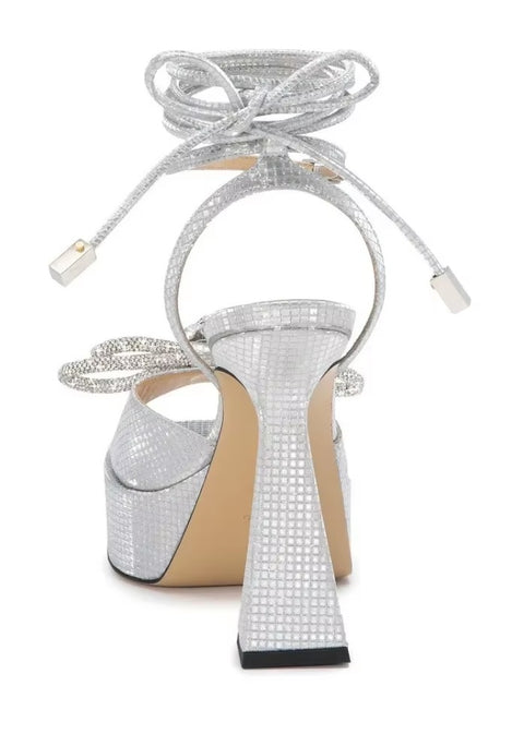 New Square Head Rhinestone Bowout Cross Tie Ankle Strap High-heeled Sandals CODE: KAR3499