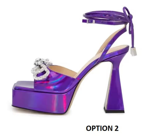 New Square Head Rhinestone Bowout Cross Tie Ankle Strap High-heeled Sandals CODE: KAR3499