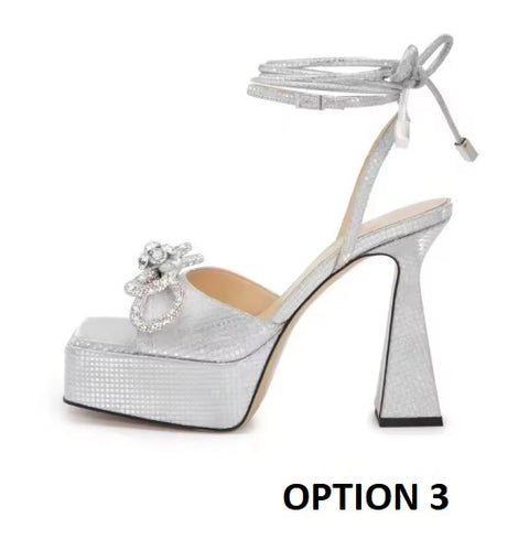 New Square Head Rhinestone Bowout Cross Tie Ankle Strap High-heeled Sandals CODE: KAR3499