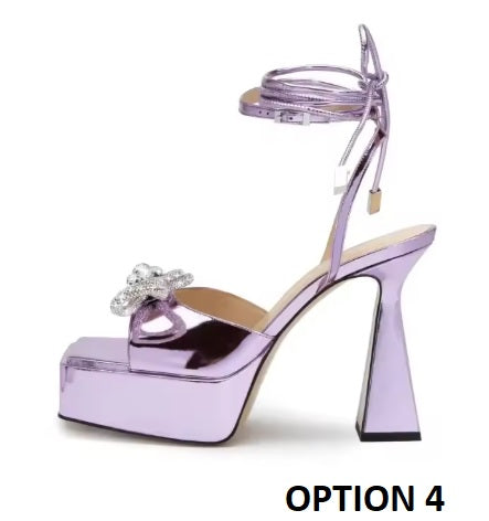 New Square Head Rhinestone Bowout Cross Tie Ankle Strap High-heeled Sandals CODE: KAR3499