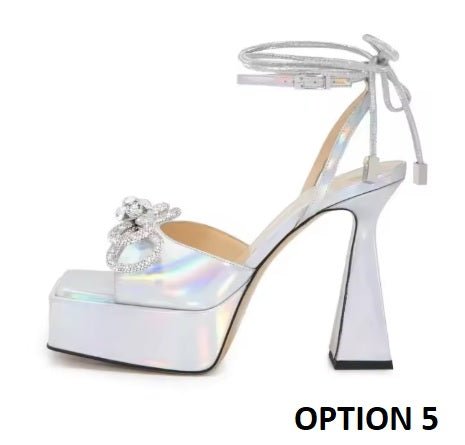 New Square Head Rhinestone Bowout Cross Tie Ankle Strap High-heeled Sandals CODE: KAR3499