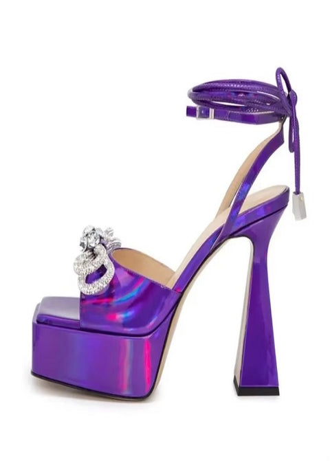 New Square Head Rhinestone Bowout Cross Tie Ankle Strap High-heeled Sandals CODE: KAR3499