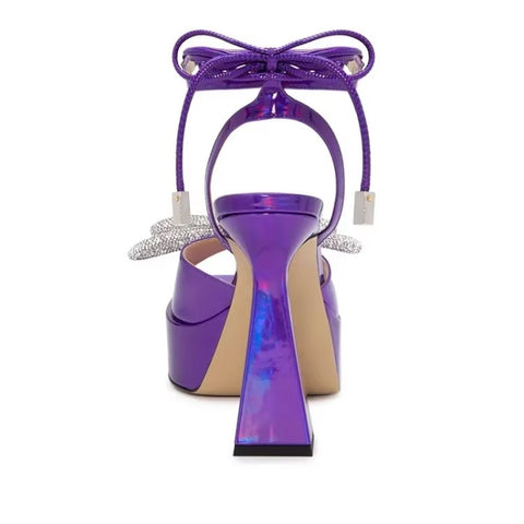 New Square Head Rhinestone Bowout Cross Tie Ankle Strap High-heeled Sandals CODE: KAR3499