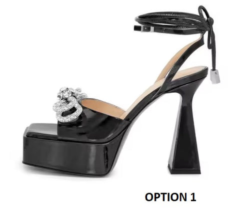 New Square Head Rhinestone Bowout Cross Tie Ankle Strap High-heeled Sandals CODE: KAR3499