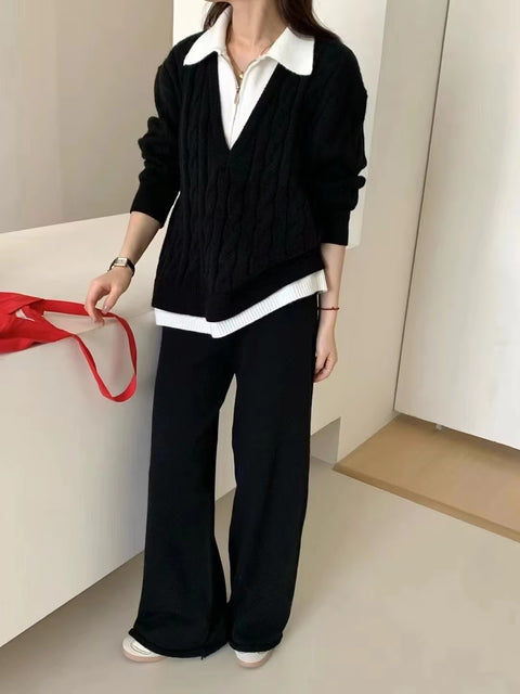 New Autumn Casual High Waist Sweater Wide Leg Pants 2 Piece Set CODE: KAR3503