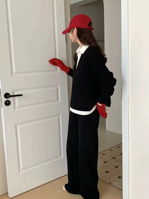 New Autumn Casual High Waist Sweater Wide Leg Pants 2 Piece Set CODE: KAR3503