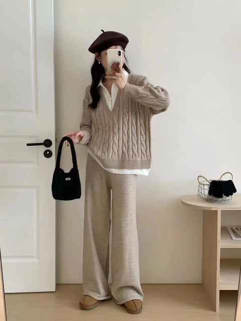 New Autumn Casual High Waist Sweater Wide Leg Pants 2 Piece Set CODE: KAR3503