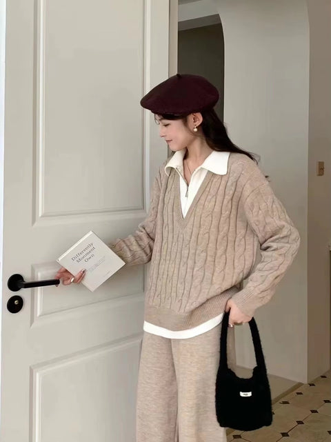 New Autumn Casual High Waist Sweater Wide Leg Pants 2 Piece Set CODE: KAR3503