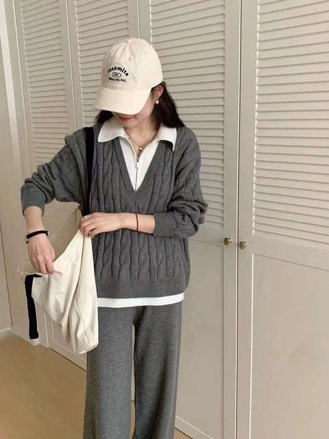 New Autumn Casual High Waist Sweater Wide Leg Pants 2 Piece Set CODE: KAR3503