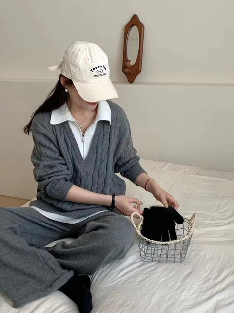 New Autumn Casual High Waist Sweater Wide Leg Pants 2 Piece Set CODE: KAR3503