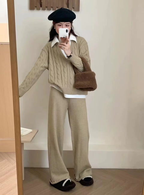New Autumn Casual High Waist Sweater Wide Leg Pants 2 Piece Set CODE: KAR3503