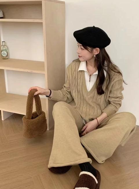 New Autumn Casual High Waist Sweater Wide Leg Pants 2 Piece Set CODE: KAR3503