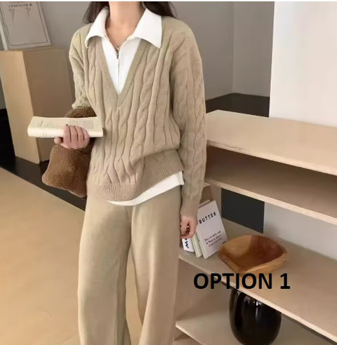 New Autumn Casual High Waist Sweater Wide Leg Pants 2 Piece Set CODE: KAR3503