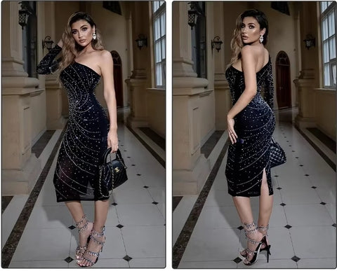 New Sexy See Though Luxury Rhinestone Crystal Diamonds One Shoulder Long Sleeve Dress CODE: KAR3509